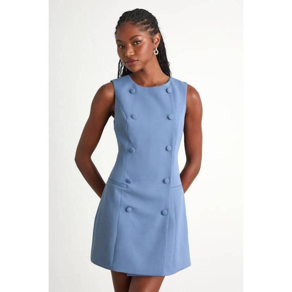 Lulus Adelie Dusty Blue Double Breasted Sleeveless Mini Dress - Size S